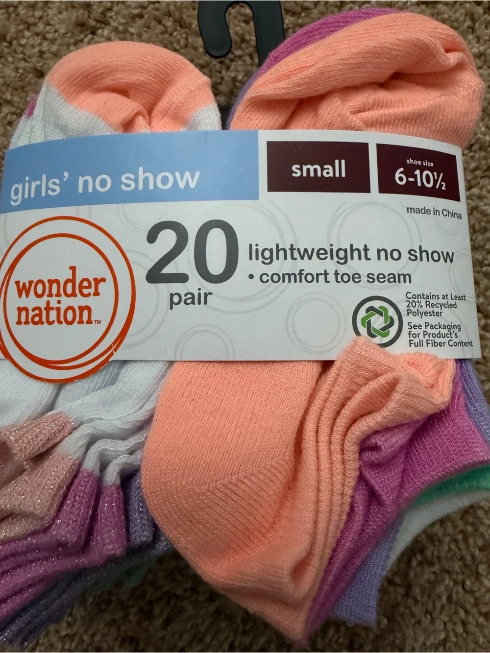 Wonder Nation Girls' Lightweight No Show Socks, 20-Pair Pack Small, Shoe Size 6